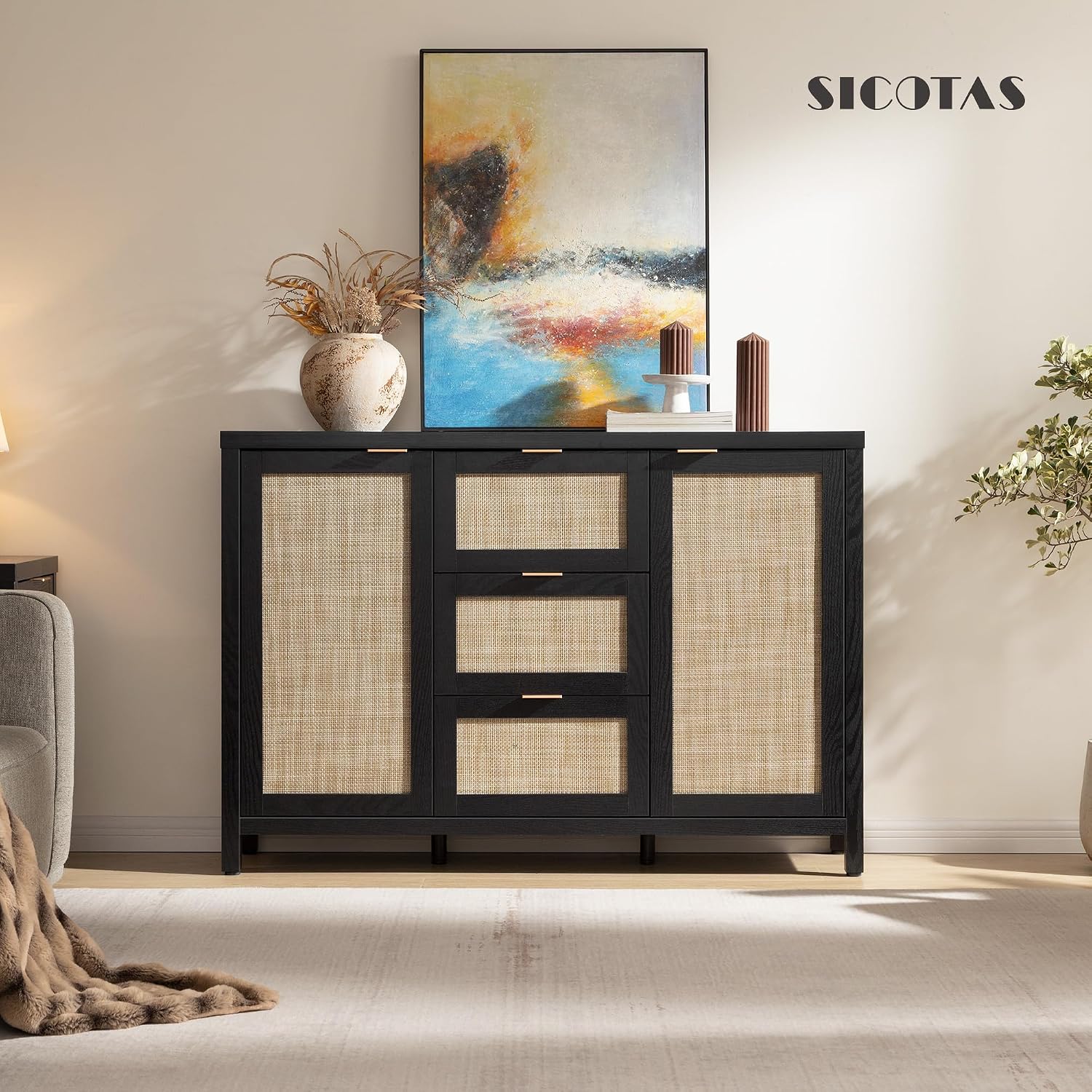 SICOTAS Rattan Sideboard Buffet Coffee Bar Cabinet with Storage - 52' Larger Farmhouse Credenza Storage Cabinet with 3 Drawers and 2 Doors, Boho Console Table for Living Room, Kitchen, Black Oak