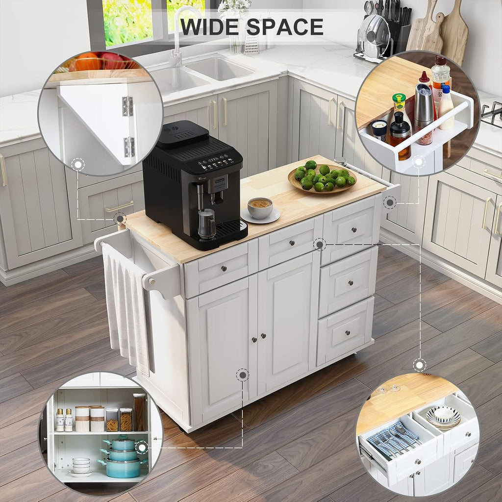 HOMREST 52' Mobil Kitchen Island Cart with Storage, Rolling Island with Drop Leaf and Rubberwood Countertop, Spice Rack, Adjustable Shelves and 5 Drawers, Island Table for Kitchen, White