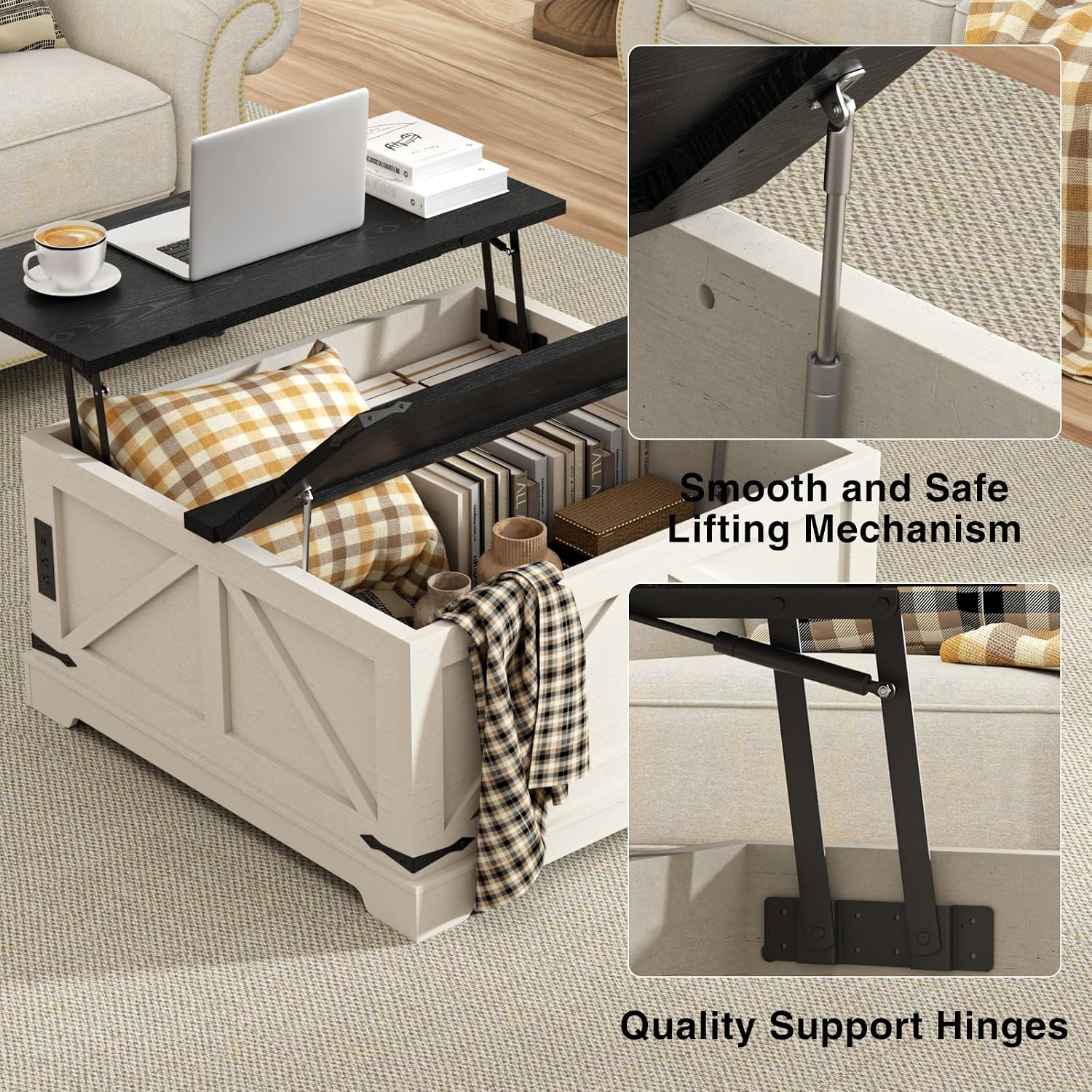FiveWillowise Coffee Table with Storage, Farmhouse Lift Top Wood Square Center Table with Charging Station, Rustic Cocktail Tables with Flip Top Lids for Living Room, Home Office, 35.4' W, White