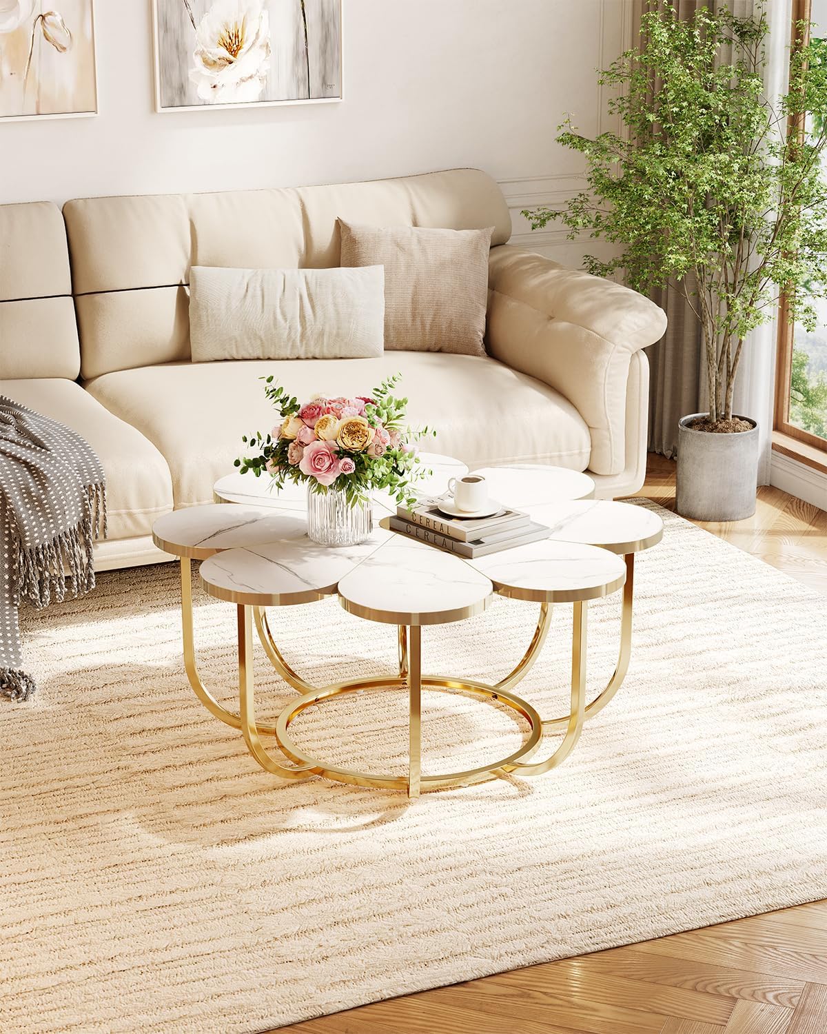 LITTLE TREE 39.37-Inch White and Gold Coffee Table, Modern Flower-Shaped Center Table with Faux Marble Top & Metal Frame, Floral Accent Coffee Table for Living Room, Bedroom, Lounge
