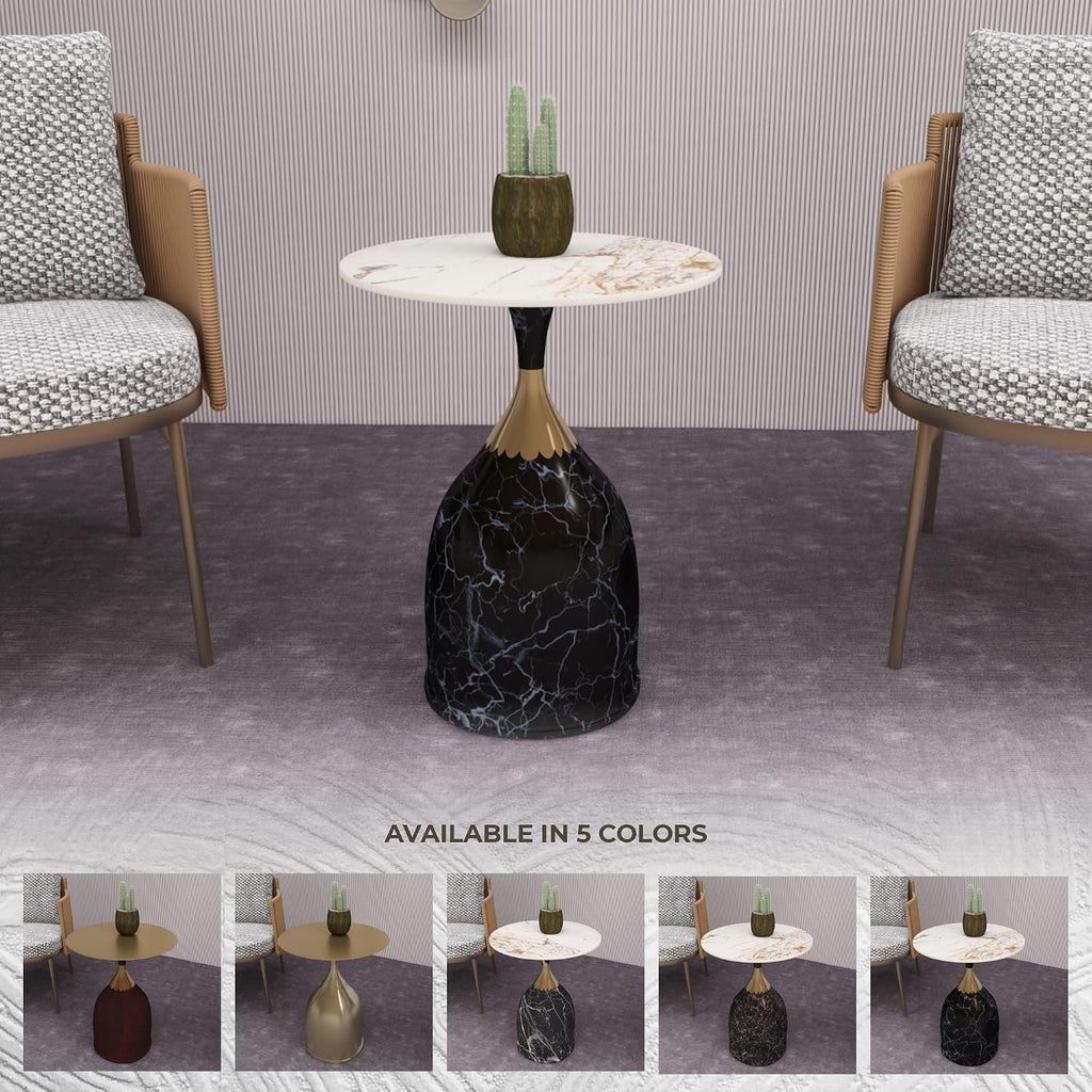 LeisureMod Oslo Modern Round Side Table with Elegant Sintered Stone Top and Sculptural Stainless Steel Pedestal Base, Chic Accent End Table for Living Room, Home or Sofa, Stone Black