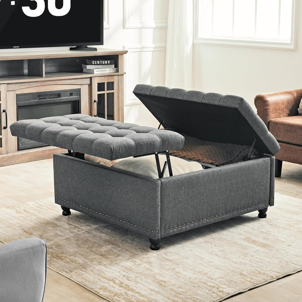 Redlife 35 Inch Large Square Storage Ottoman, Storage Ottoman Coffee Table with Lift Top Linen Ottomans Bench Square Footrest Oversized Upholstered Coffee Table for Living Room Bedroom (Dark Grey)
