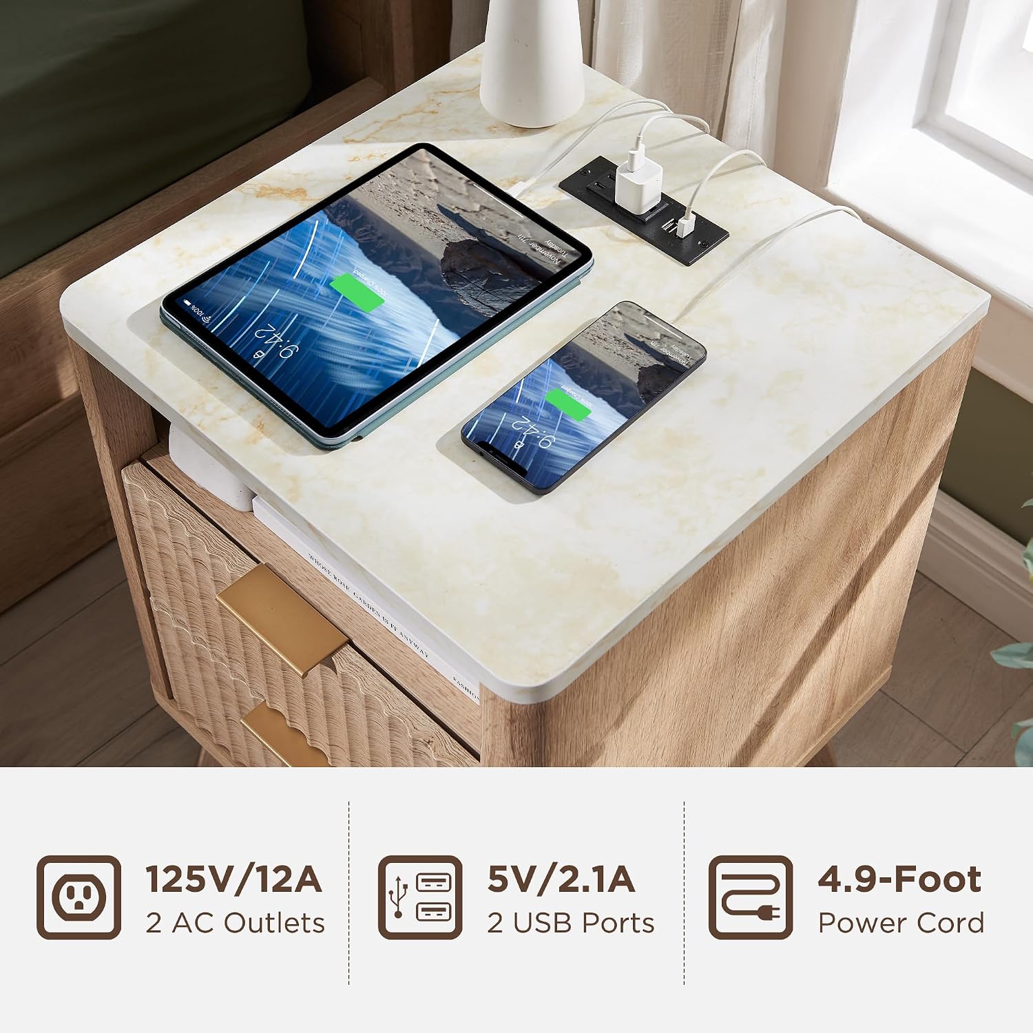 T4TREAM Fluted Nightstand with Charging Station, 18' Modern Side Table with Faux Marble Top, 2 Drawers End Table w/Storage, Bedside Table for Bedroom, Living Room, Curved Profile Design, Natural Oak