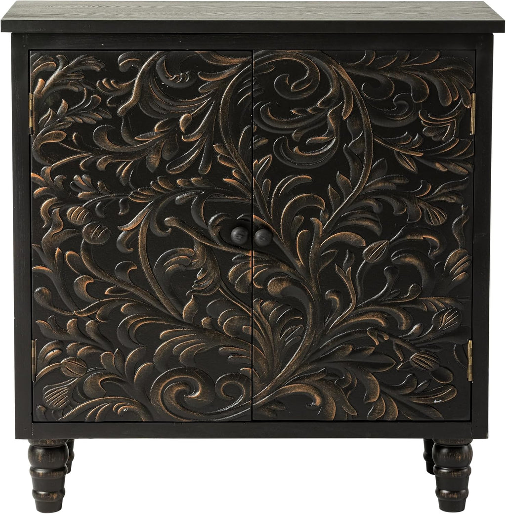 2 Door Farmhouse Storage Cabinet with Embossed Distressed Flower Motif, Vintage Side Table for Living Room, Bedroom, Boho, Black
