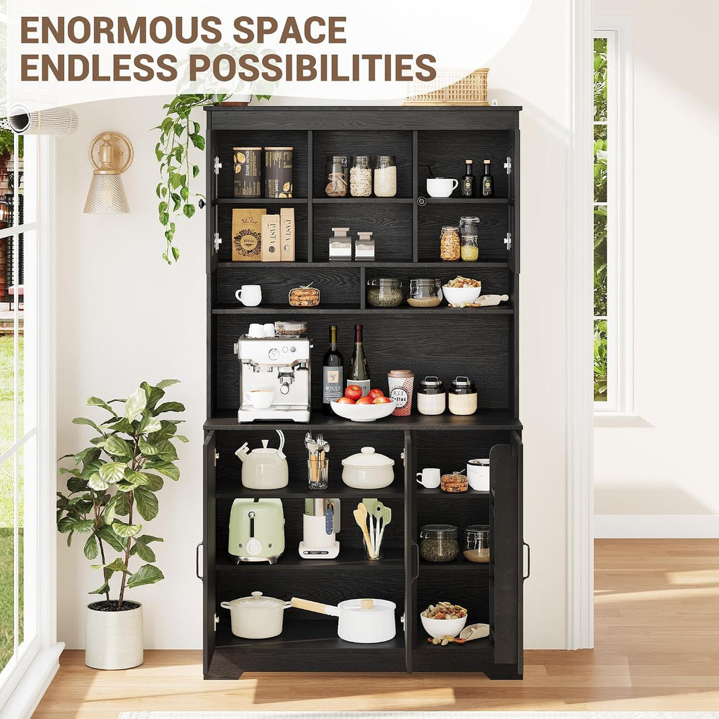 Garvee Pantry Cabinet with Charging Station, Tall Kitchen Pantry Storage Cabinet with Hutch,70.9 Inch Kitchen Cabinet with Glass Doors, for Dining Room