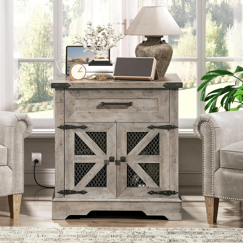 RALGEND Farmhouse End Table with Charging Station, 24' Large Sofa Side Table with Drawer, Large End Table for Living Room, Wooden Nightstand with Outlet, Square, Greige