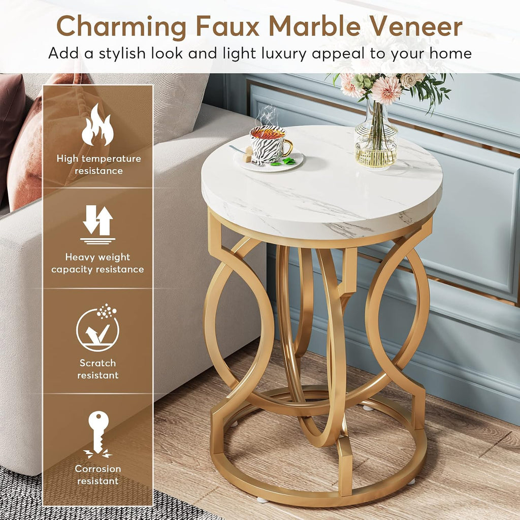 Tribesigns Modern Round End Table Set of 2, Multifunctional Accent Table Small Side Table for Living Room, White Gold with Faux Marble Top, 19.7'W x 19.7'D x 25.6'H