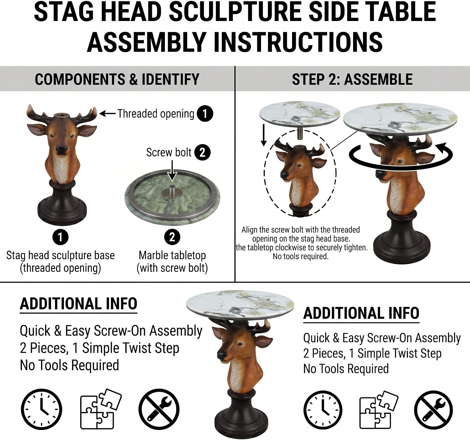 Deer Head Sculptural Accent Table for Living Room & Entryway, 19.69' D x 25.59' H, Resin Animal End Table, Waterproof Outdoor Decor, Unique Gift for Housewarming