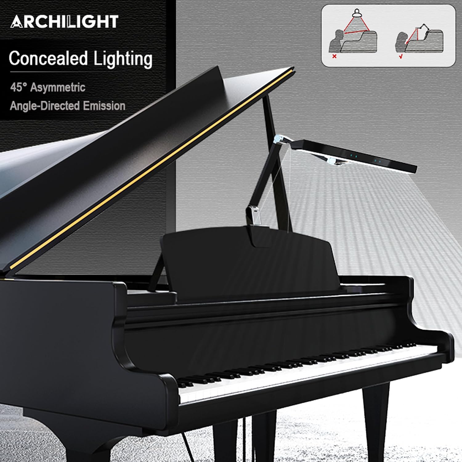 Stella-Pro Piano Light Double Arm Clip On: Professional Design, Asymmetric, Anti-Glare Lighting, Light Sensor, 3000K~6500K CCT Adjustable, Dimmable + Remote Control, 12W LED Eye Protection