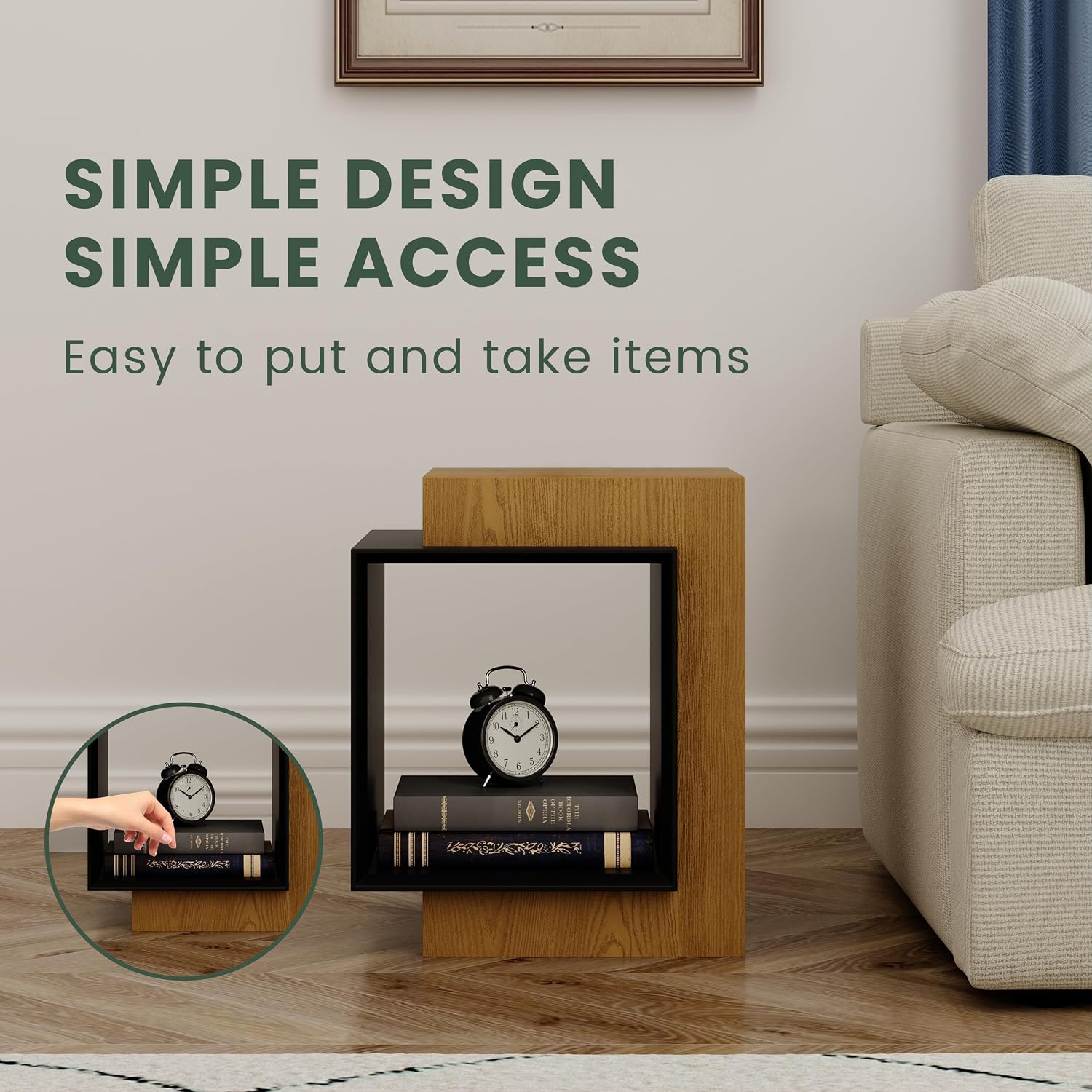 POVISON Minimalist Side Table,17.71' Wood End Table with Storage for Small Spaces,Nightstand for Living Room, Bedroom, Office,Rustic Brown and Classic Black