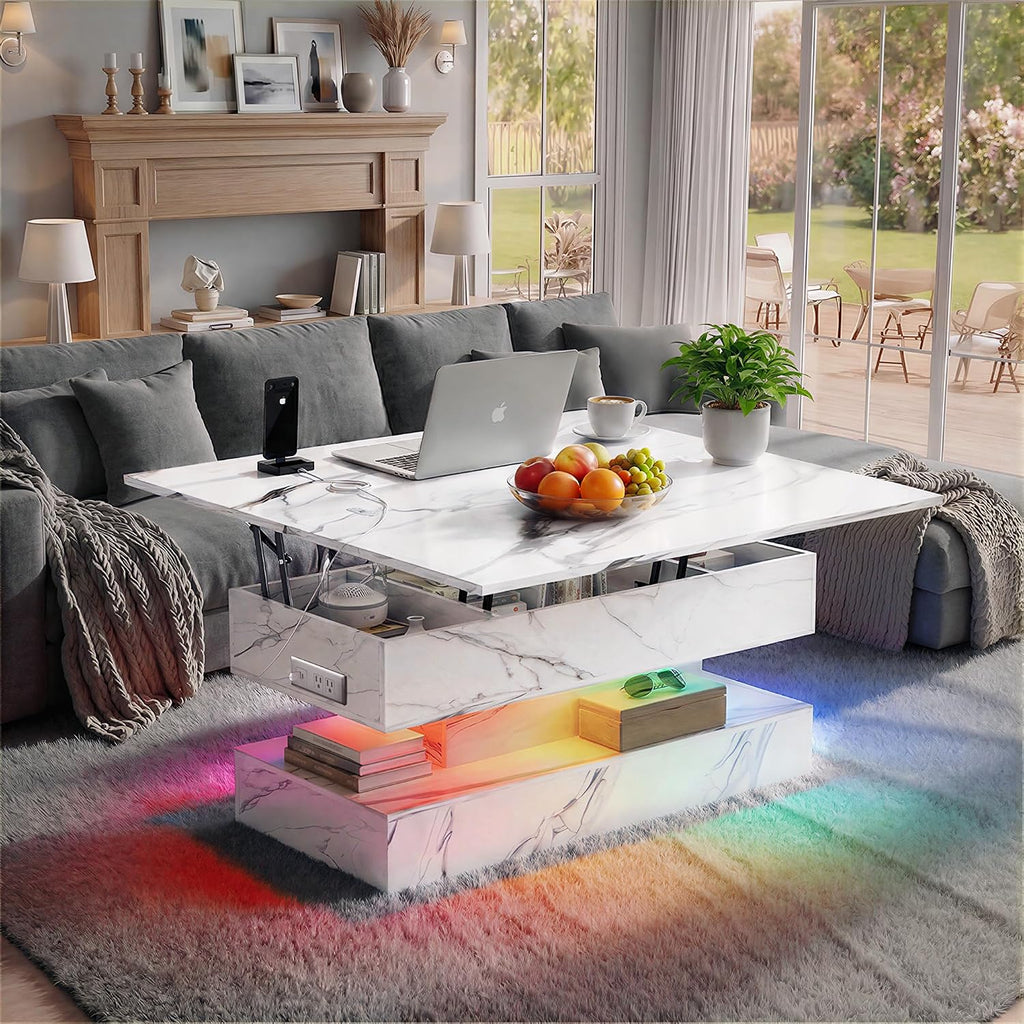 40' Lift Top Coffee Table, 4‑in‑1 Multi-Function Convertible Workstation Table with Storage & Charging Station, Modern Faux Marble Design for Living Room & Small Spaces, White