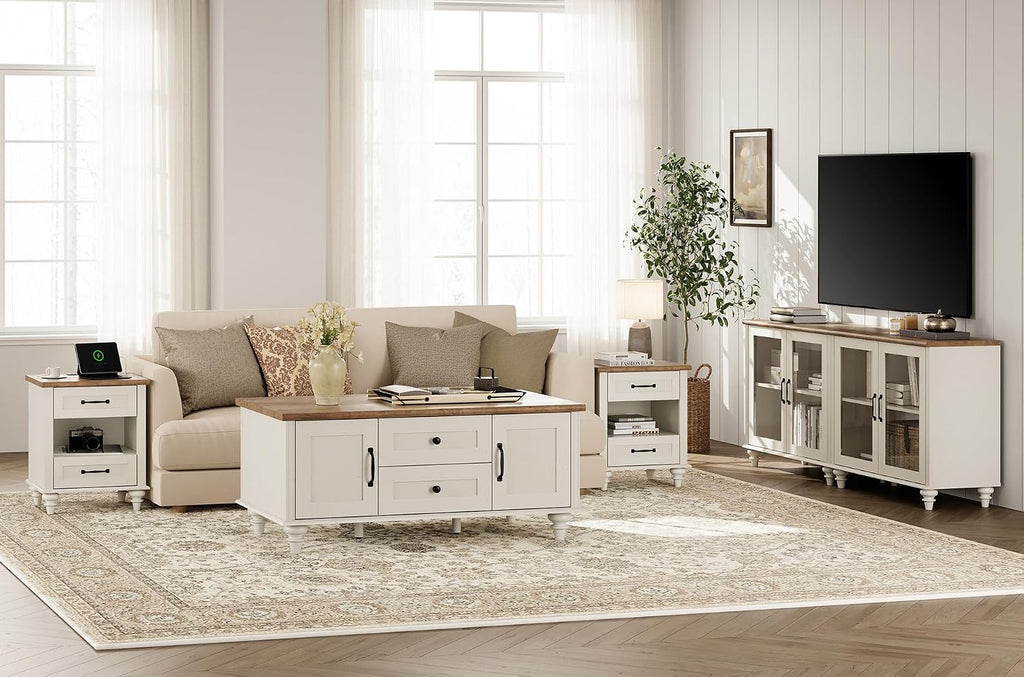 WAMPAT White Coffee Table with Drawers & Storage Cabinet, Modern Rectangle Center Table for Living Room, Rustic Wooden Cocktail Table Tea Table for Home, Office