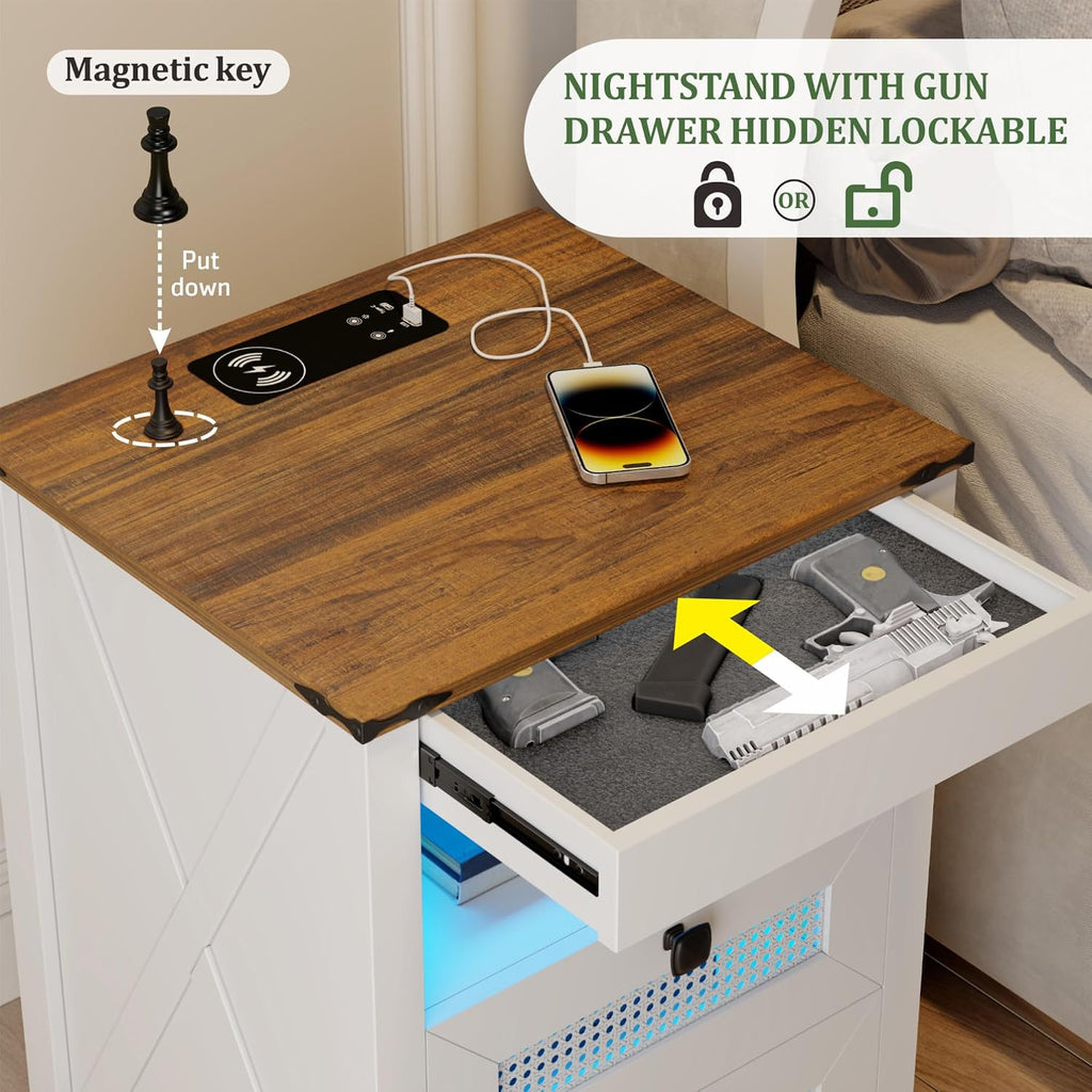 Nightstand with Gun Drawer, Rattan Bedside Table with Charging Station, LED End Table with Human Sensor Light, Gun Night Stand for Bedroom Living Room, Farmhouse Design, White