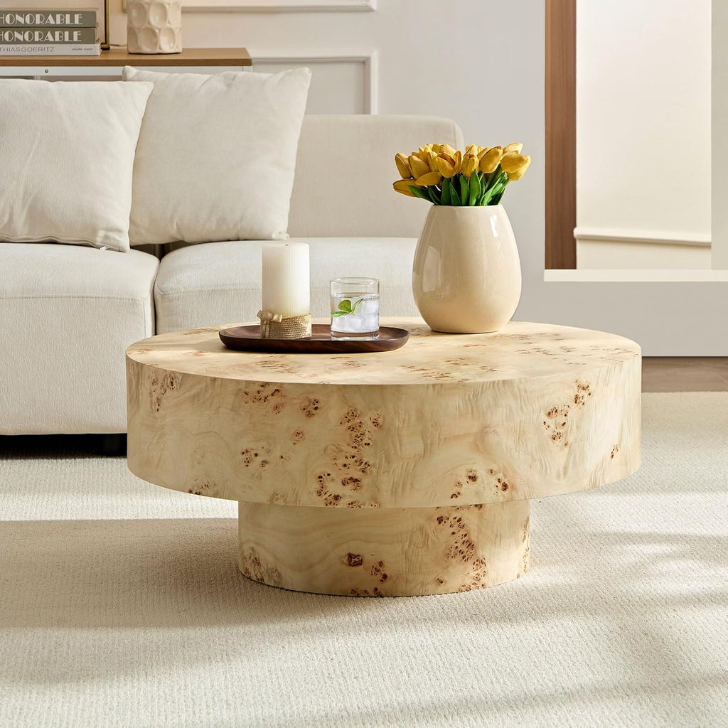 Burl Wood Coffee Table for Living Room Round Wooden Coffee Table with Pedestal 31.49' Modern Circle Center Tables Accent Tables for Apartment Easy Assembly-Natural Wood