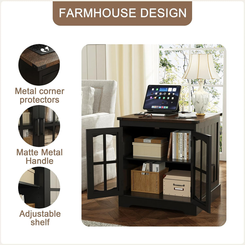 ChooChoo Rustic End Table, 24' Large Sofa Side Table with Charging Station & LED Light, Black Nightstand with Adjustable Storage Shelf, Square Bedside Table for Living Room, Bedroom, Office