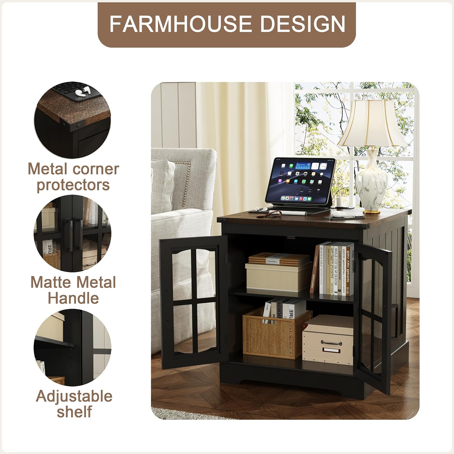 ChooChoo Rustic End Table, 24' Large Sofa Side Table with Charging Station & LED Light, Black Nightstand with Adjustable Storage Shelf, Square Bedside Table for Living Room, Bedroom, Office