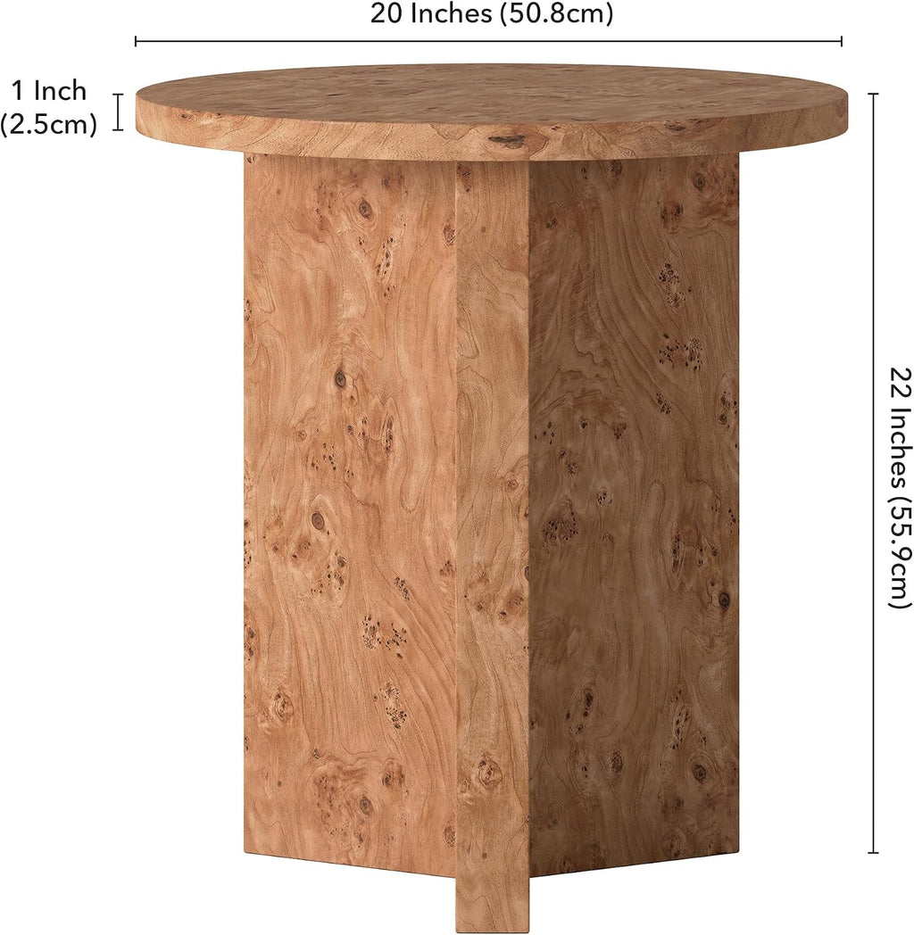 Henn&Hart 20' Scandinavian Round Wooden End Table, Side Table, Nightstand with X-Base for Living Room, Office, Family Room, or Bedroom, Caramel Burl