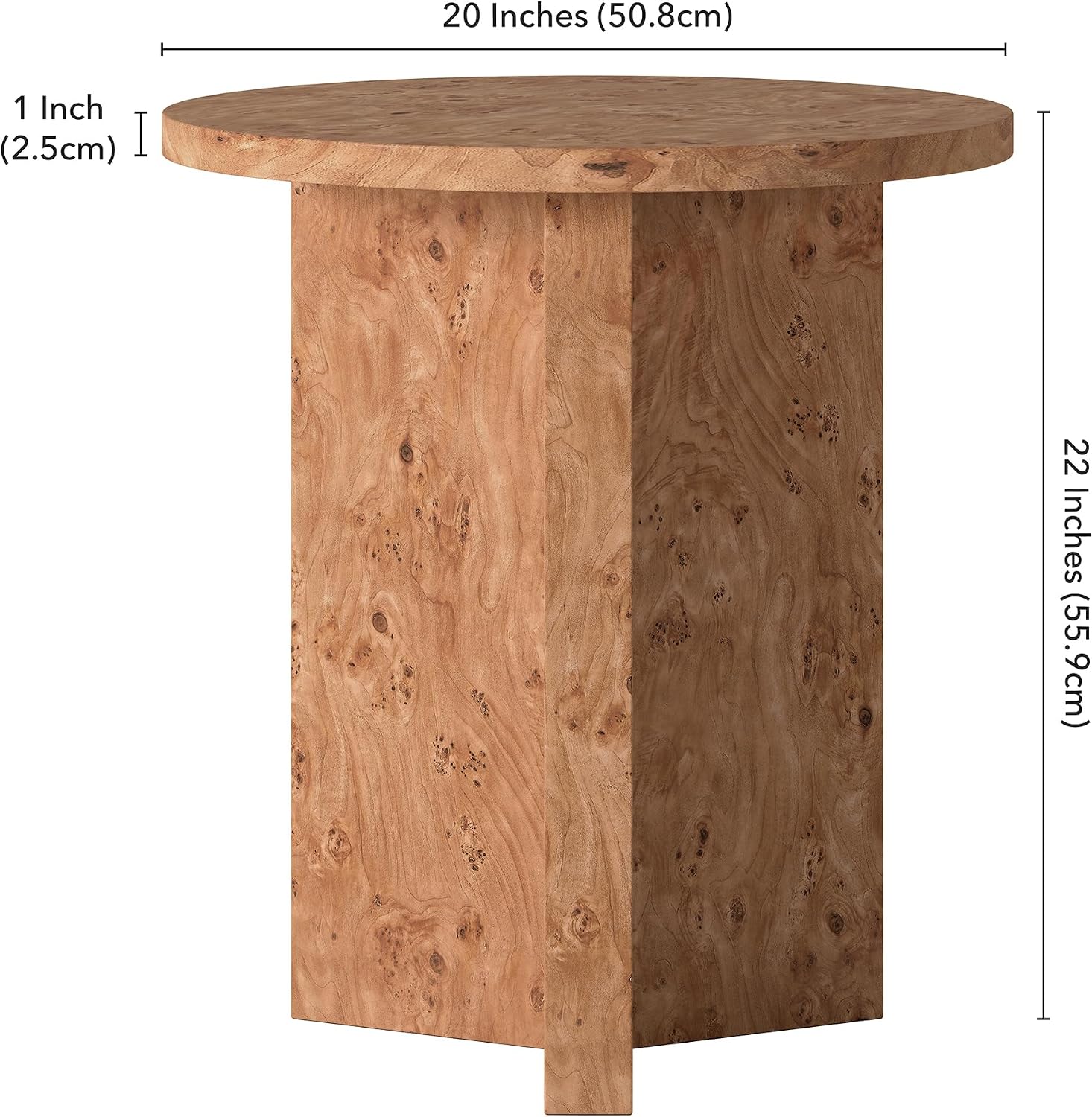 Henn&Hart 20' Scandinavian Round Wooden End Table, Side Table, Nightstand with X-Base for Living Room, Office, Family Room, or Bedroom, Caramel Burl