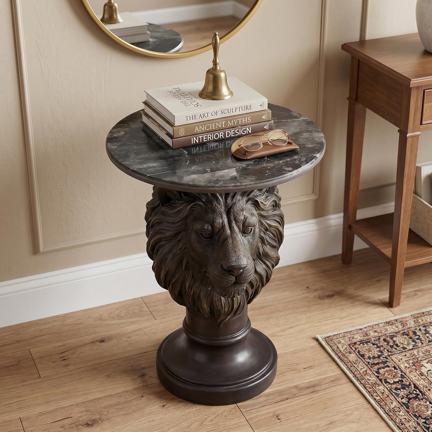Vintage Bronze Lion Head Sculptural Side Table with Black Faux Marble Top, 19.69' Round Resin End Table, 25.59' H Majestic Accent Table for Living Room, Retro Office Decor, Heavy Duty