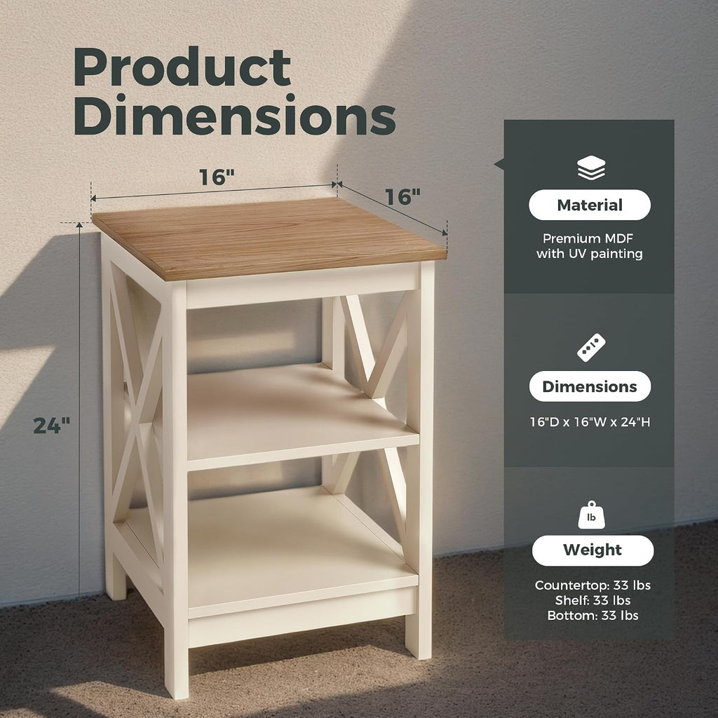 MAISON ARTS End Tables, Farmhouse Nightstand Set of 2, Small Side Table Living Room 3-Tier Modern Bed Side Table Nightstands for Bedroom, Sofa End Tables Set, Ivory White