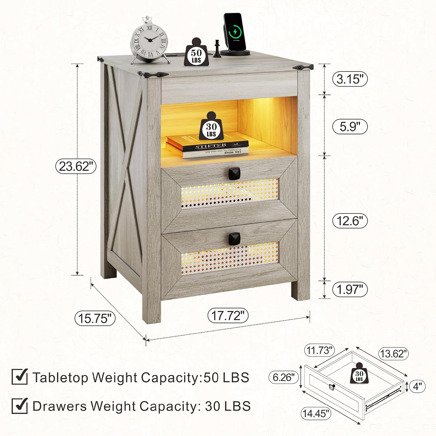 Night Stand with Gun Drawer, Bedside Table with Charger Station & LED Human Sensor Light, Gun Nightstand End Tables Bedroom Living Room, Rustic Grey