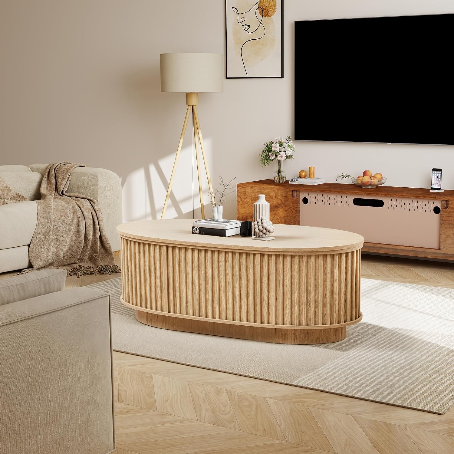 Oval Coffee Table, 43.3'' Fluted Lift Top Coffee Table with Hidden Storage Compartment, Mid Century Modern Dining Table Wooden Center Table for Living Room, Office, Small Spaces (Natural)