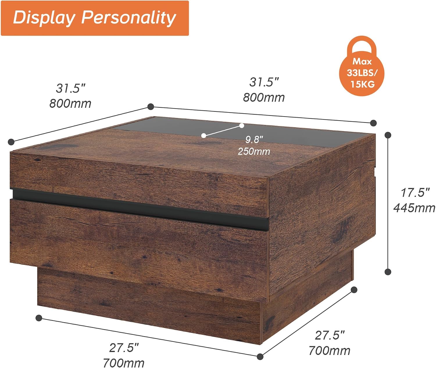 WAMPAT Modern Coffee Table, Square Living Room Coffee Table with Tempered Glass Top and Two Large Storage Drawers, 31.5'x 31.5', Brown