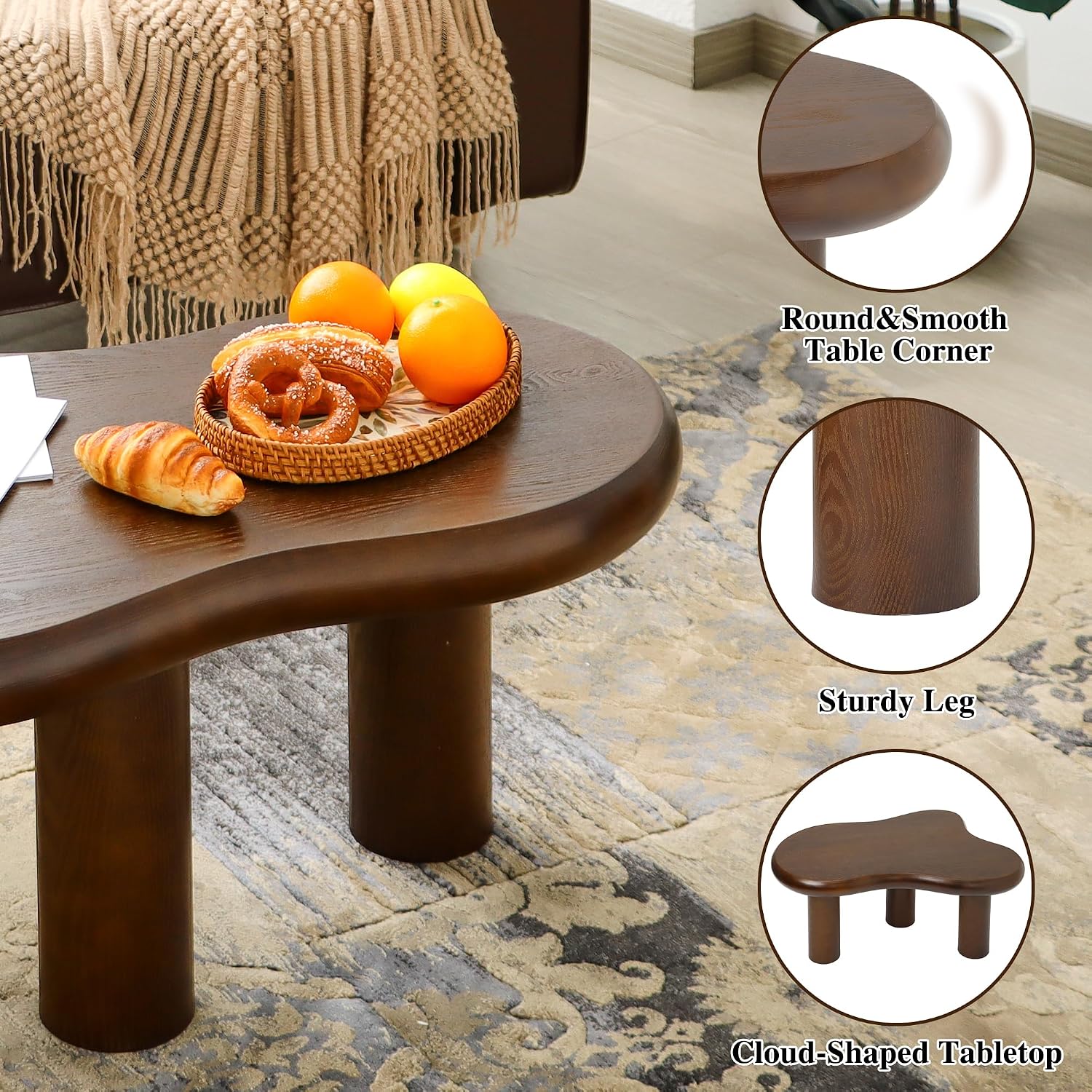 34'(L) Cloud Coffee Table, Modern Wood Coffee Table for Living Room, Accent Center Tables with 3 Legs, Small Tea Tables for Balcony, Patio, Bedroom, Walnut