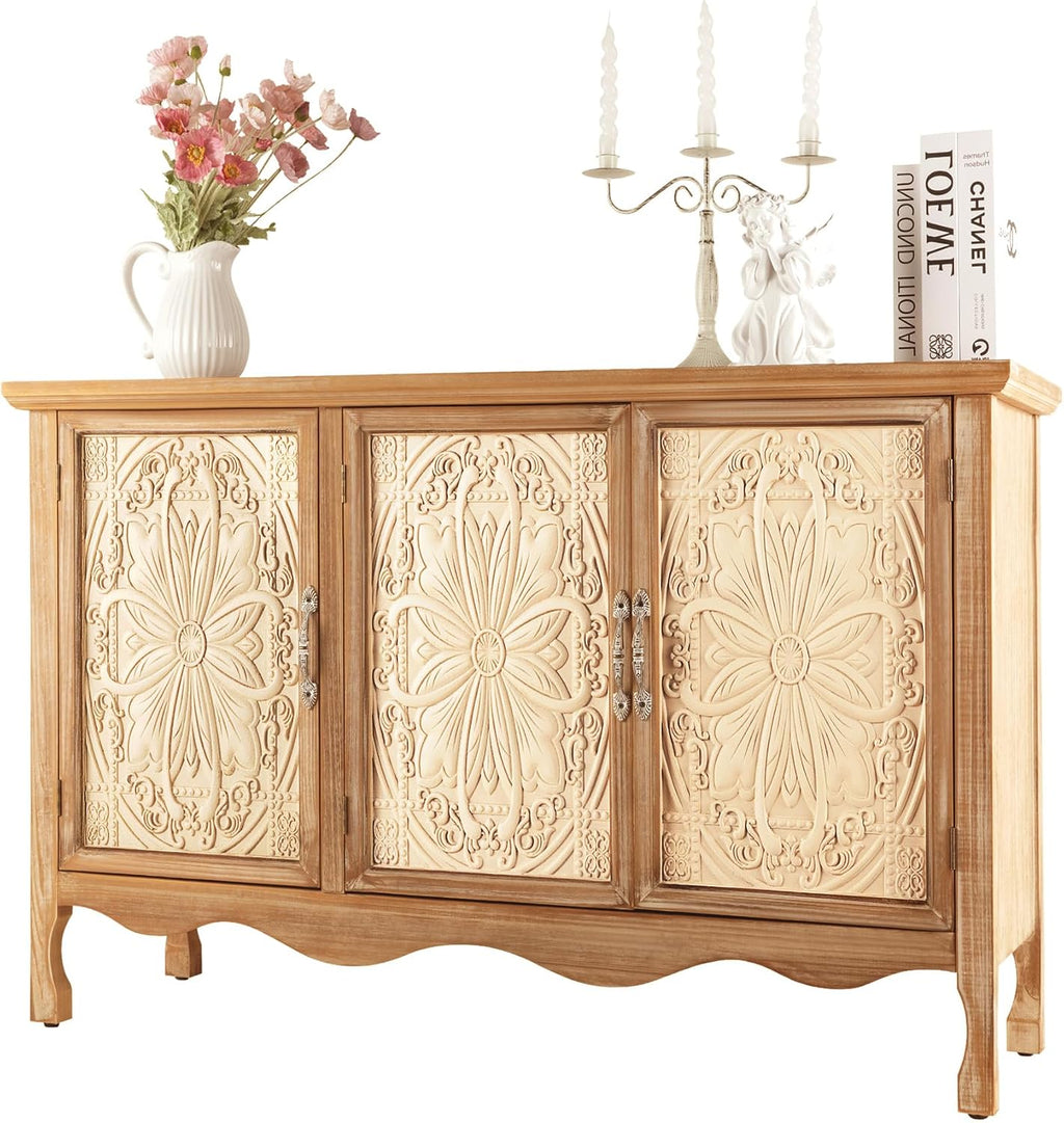 RoyalCraft Buffet Cabinet with Storage, Vintage Solid Wood Sideboard with 3 Carved Doors, Painted Coffee Bar Console Table for Dining Room, Living Room, Kitchen, Distressed Black