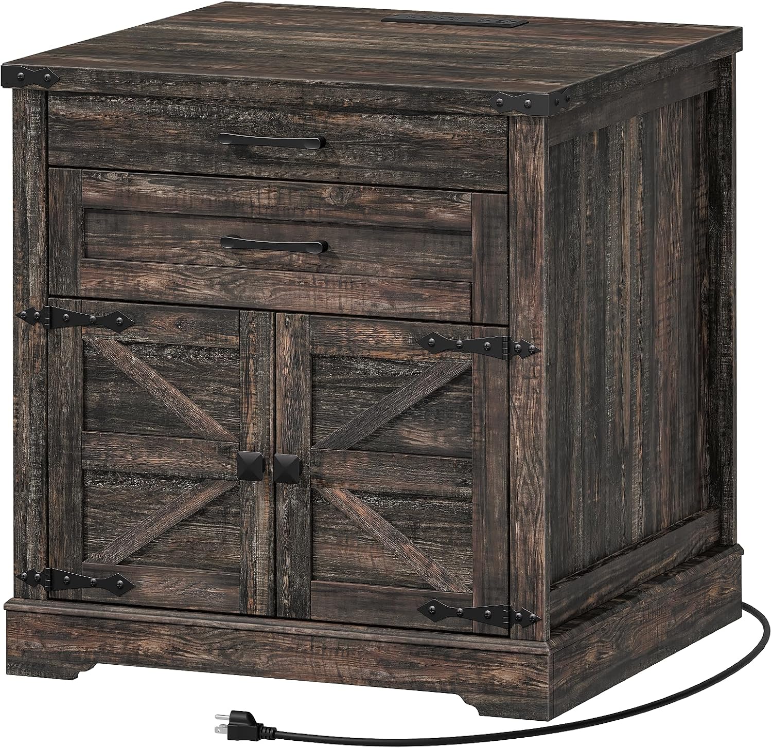 RALGEND Farmhouse End Table with Charging Station, 24'' Sofa Side Table with 2 Drawers and Barn Door, Large Rustic Wooden Square Nightstand for Bedroom, Living Room, Dark Rustic Oak