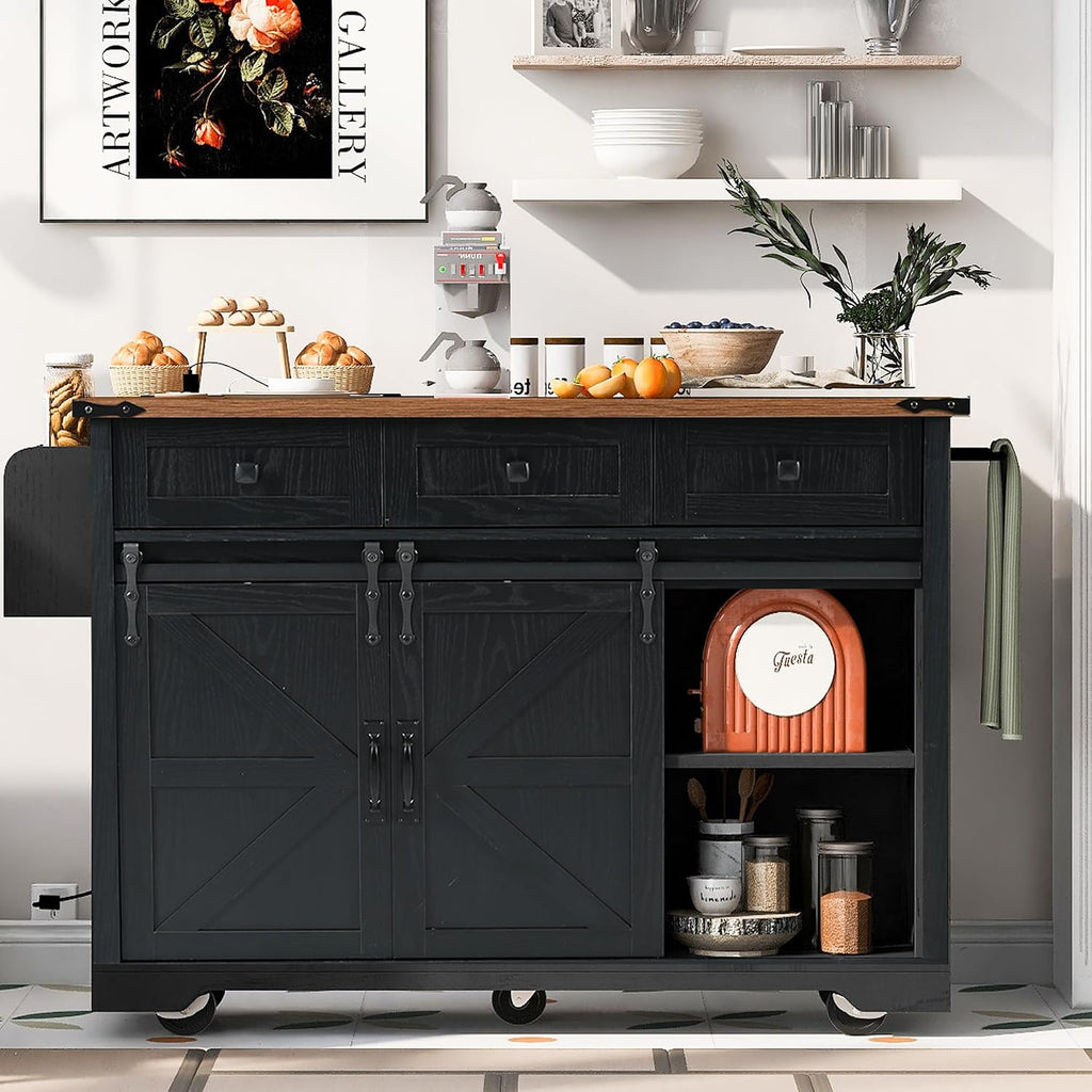 53.7' Farmhouse Kitchen Island with Power Outlet and Sliding Barn Doors, Rustic Kitchen Storage Islands with Drop Leaf, Rolling Kitchen Cart with Drawers and Spice Rack for Dining Room