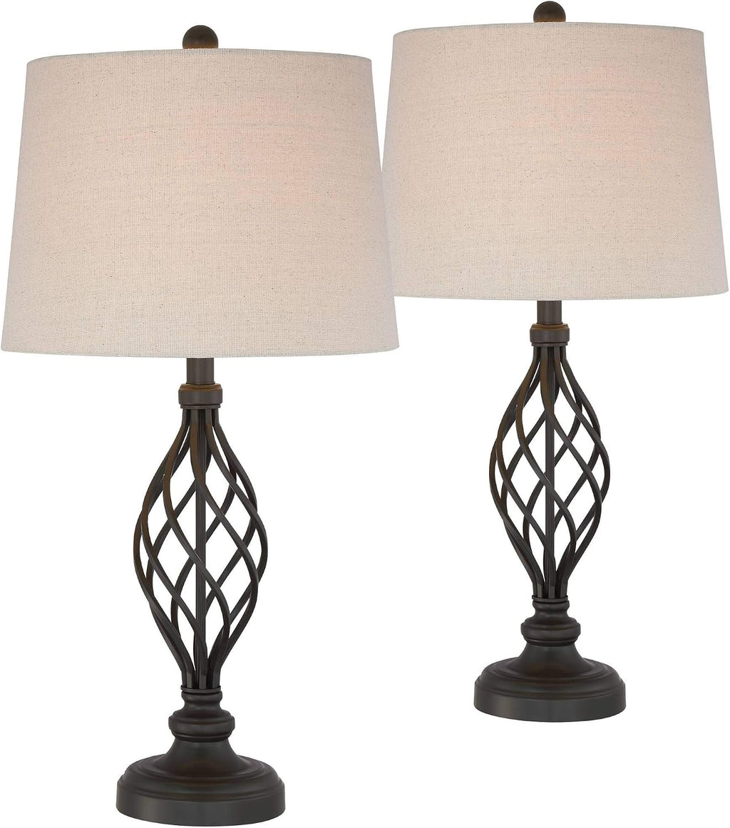Franklin Iron Works Annie Modern Industrial 3-Way Table Lamps 28' Tall Set of 2 with Dimmers Bronze Iron Cream Tapered Drum Shade for Bedroom Living Room House Home Bedside Nightstand Office