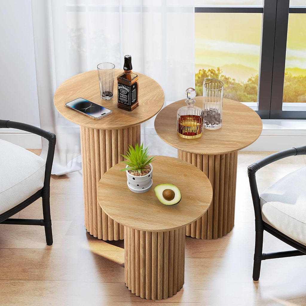 Bifins Round Nesting Coffee Table Set of 3,Mid Century Modern Fluted Coffee and End Table Set,Small Circle Wooden Side Table Drink Table for Living Room (Natural)