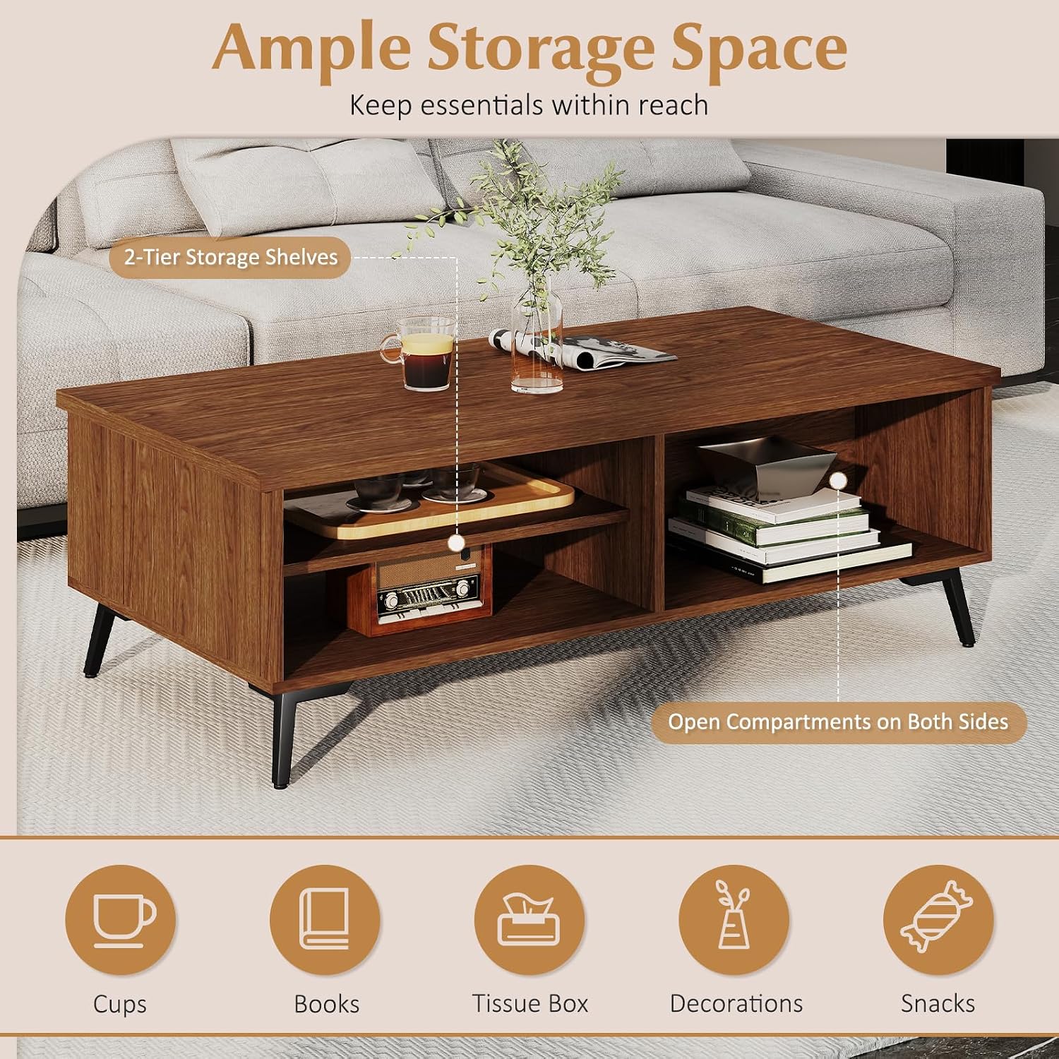 Giantex Mid Century Modern Coffee Table, 2-Tier Wood Rectangular Center Table with Storage Shelves, Compartments & Metal Legs, Vintage Living Room Tables for Reception (Walnut)