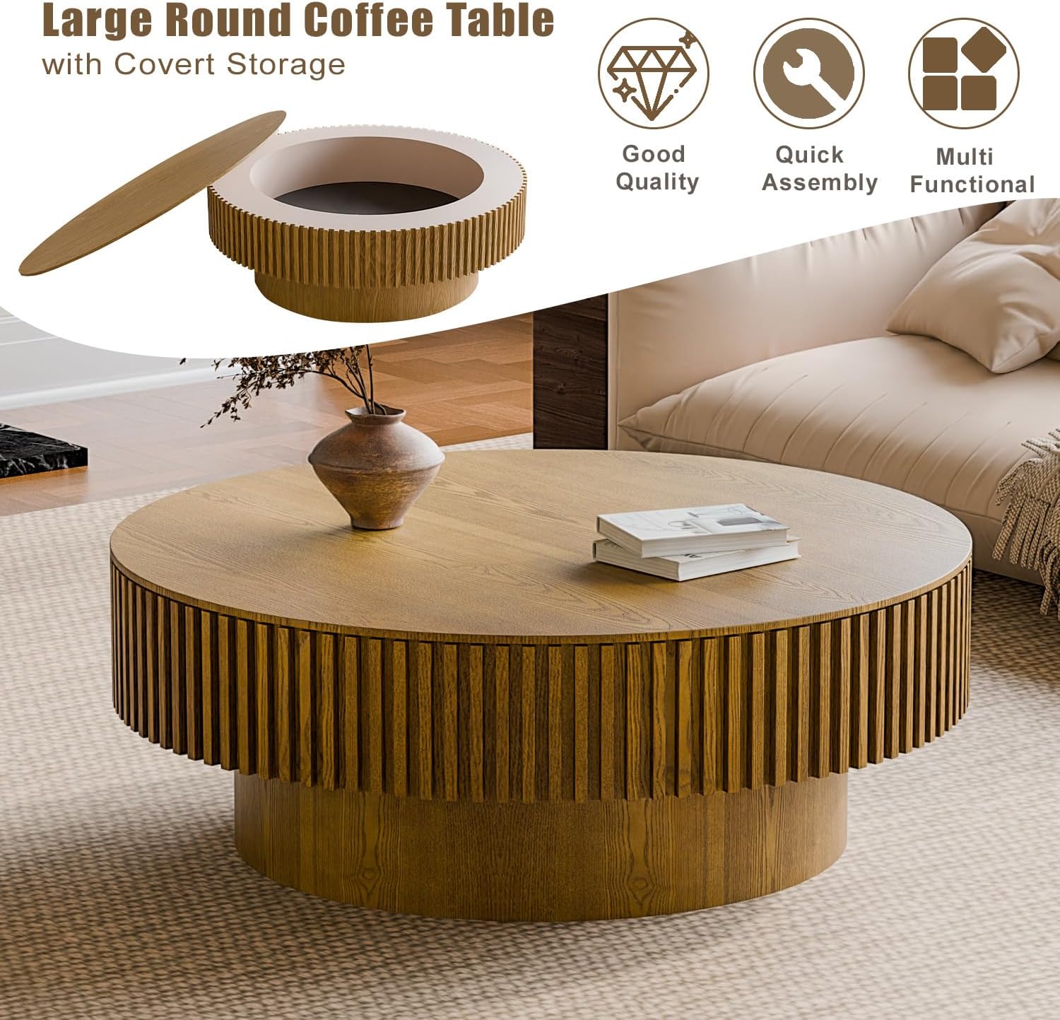 39'' Round Coffee Table with Storage, Modern Wooden Coffee Table with Solid Wood Veneered, Circle Center Table Accent Tea Table for Living Room Apartment Brown