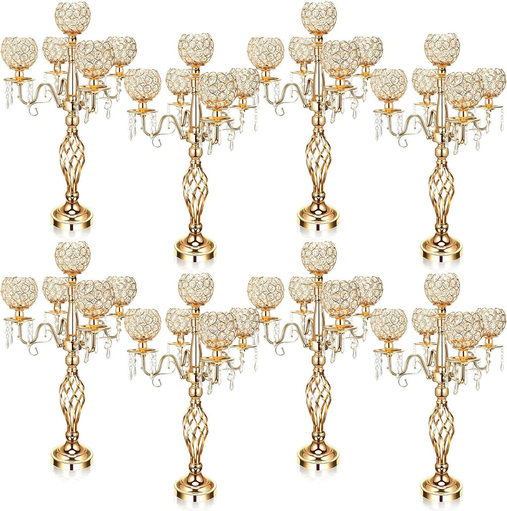 Nitial 8 Pcs 5 Arm Crystal Candelabra Centerpieces for Table 27 Inch Retro Victorian Crystal Candle Holders Bowl Table Centerpieces Decor for Wedding Banquet Valentine Dinner Party Event (Gold)
