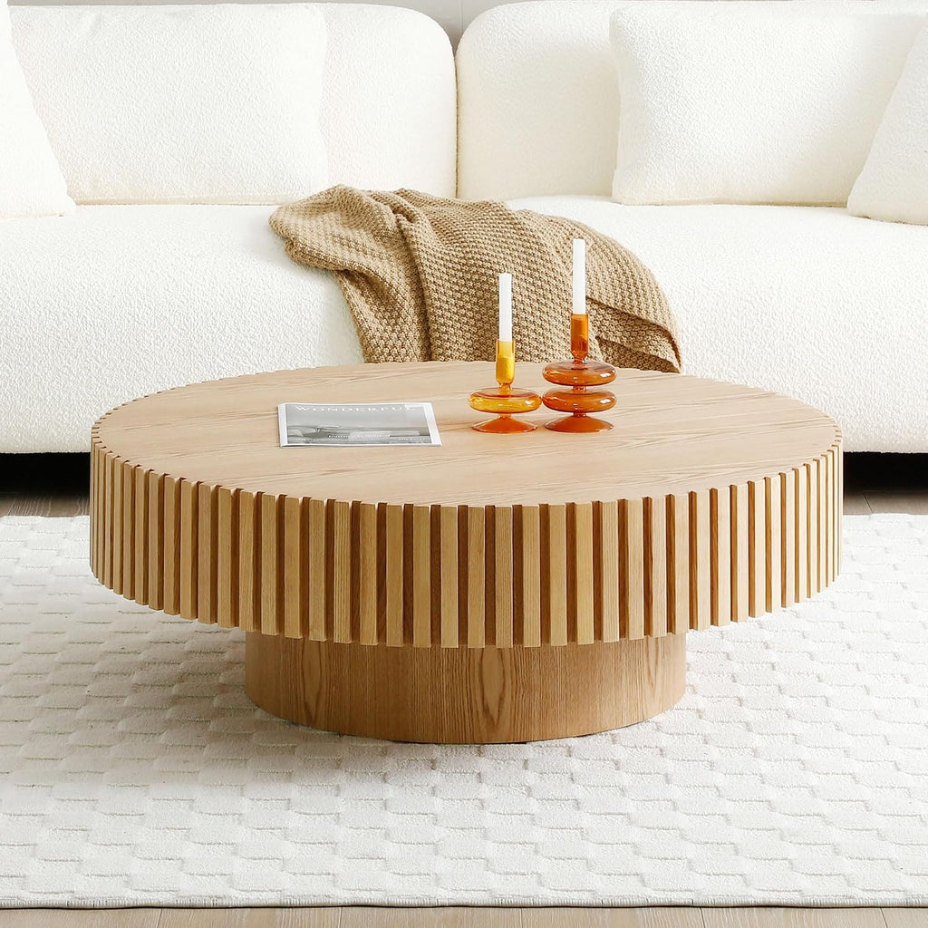 31.49' Round Fluted Coffee Table for Living Room, Mid Century Modern Drum Coffee Table with Sturdy Pedestal, Circle Center Table Accent Tea Table for Apartment ASH