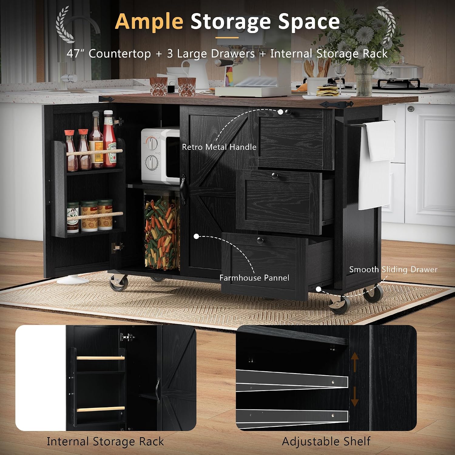 54.5' Farmhouse Mobile Kitchen Island with Power Outlet, Drop Leaf, Spice Rack and Drawer - Rolling Kitchen Cart with Ample Storage, Rustic Storage Islands for Home and Dining Room