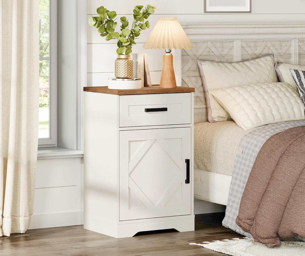 WAMPAT 32' H End Table for Living Room,Rustic Nightstand with Drawer & Barn Door, Farmhouse Bedside Table with Adjustable Shelf for Couch or Bedside, Antique White