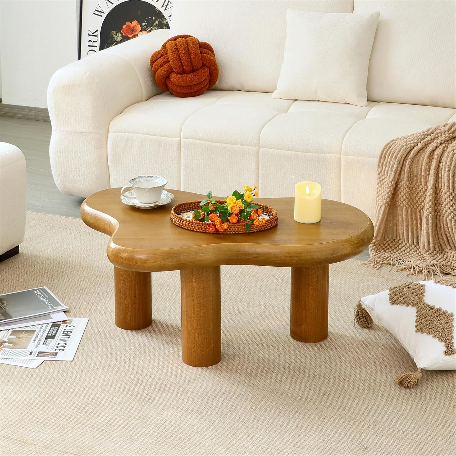 34'(L) Cloud Coffee Table, Modern Wood Coffee Table for Living Room, Accent Center Tables with 3 Legs, Small Tea Tables for Balcony, Patio, Bedroom, Wood