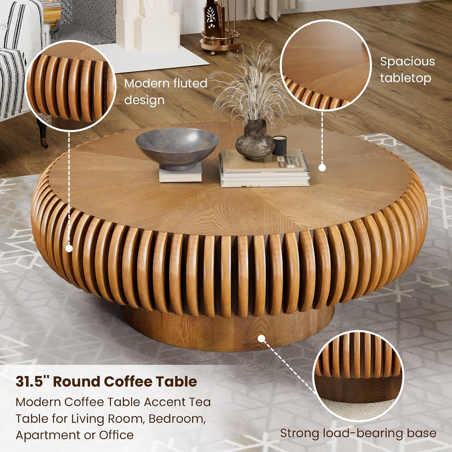 Round Drum Coffee Table for Living Room, Mid Century Modern Coffee Table with Sturdy Pedestal, Farmhouse Fluted Circle Center Table Accent Tea Table for Apartment (31.5' Brown)