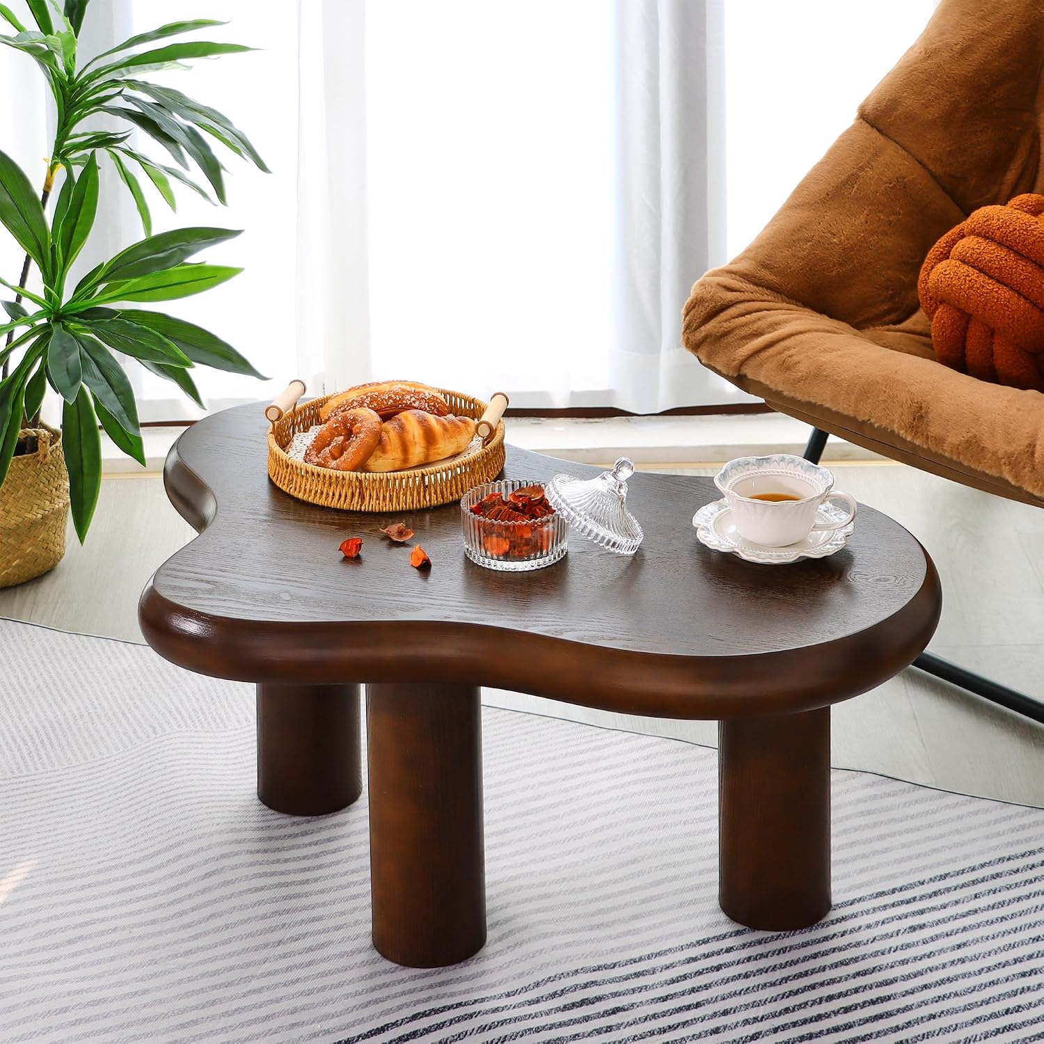 34'(L) Cloud Coffee Table, Modern Wood Coffee Table for Living Room, Accent Center Tables with 3 Legs, Small Tea Tables for Balcony, Patio, Bedroom, Walnut