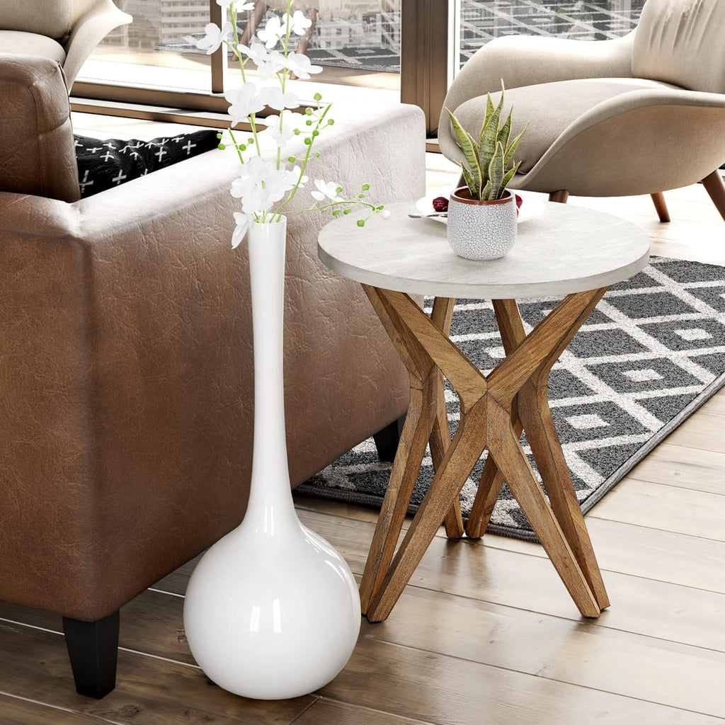 Pedestal Farmhouse End Table Set of 2, Distressed Top with Tripod Base Bedside Table for Living Room, Modern, Boho Decor, Round (2-Pack, White & Walnut)