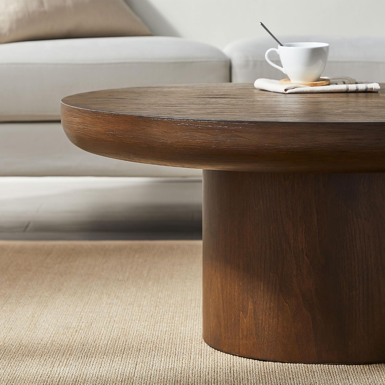 Round Wood Coffee Table for Living Room Modern Circle Coffee Table Pedestal Center Table for Apartment, Easy Assembly Brown