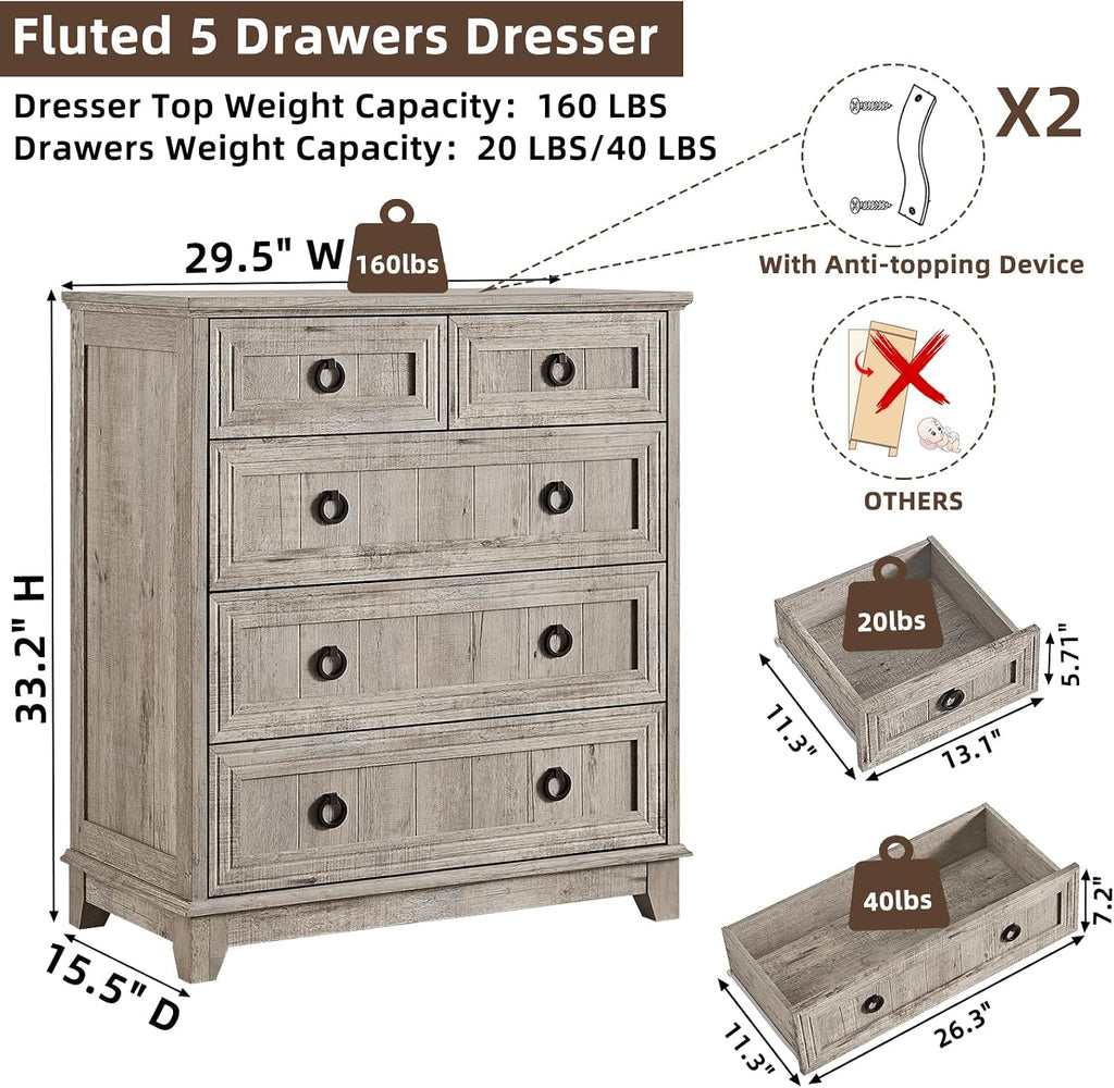 Joaxswe Farmhouse 5 Drawer Dresser for Bedroom, 33.2' Tall Small Dressers & Chest of Drawers, Rustic Wood Dresser with Metal Handle, Storage Organizer Closet for Living Room, Hallway,Entryway