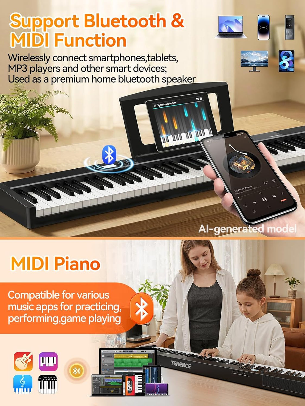 TERENCE V30 Portable Digital Piano 88 Key Weighted Keyboard Built-In 1800mAh Rechargeable Battery,Foldable Piano Keyboard with 2X5W Speakers,Music Stand,Sustain Pedal and Headphone for Beginners,Black
