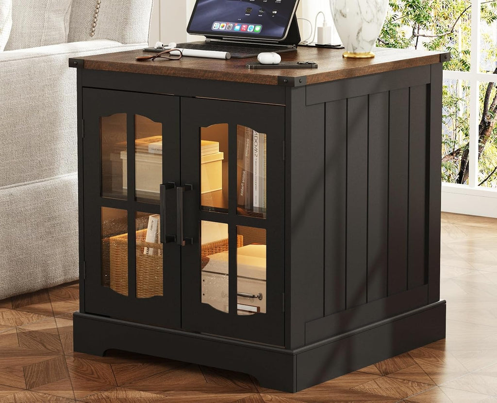 ChooChoo Rustic End Table, 24' Large Sofa Side Table with Charging Station & LED Light, Black Nightstand with Adjustable Storage Shelf, Square Bedside Table for Living Room, Bedroom, Office