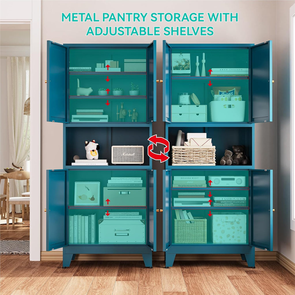 69' Tall Pantry Cabinet with Open Shelf,13.78'Deep By 28' Wide Storage Cabinet with Doors and Adjustable Shelves,Microwave Stand,for Kitchen Dining Room Living Room Bathroom,Teal Blue,1Pc