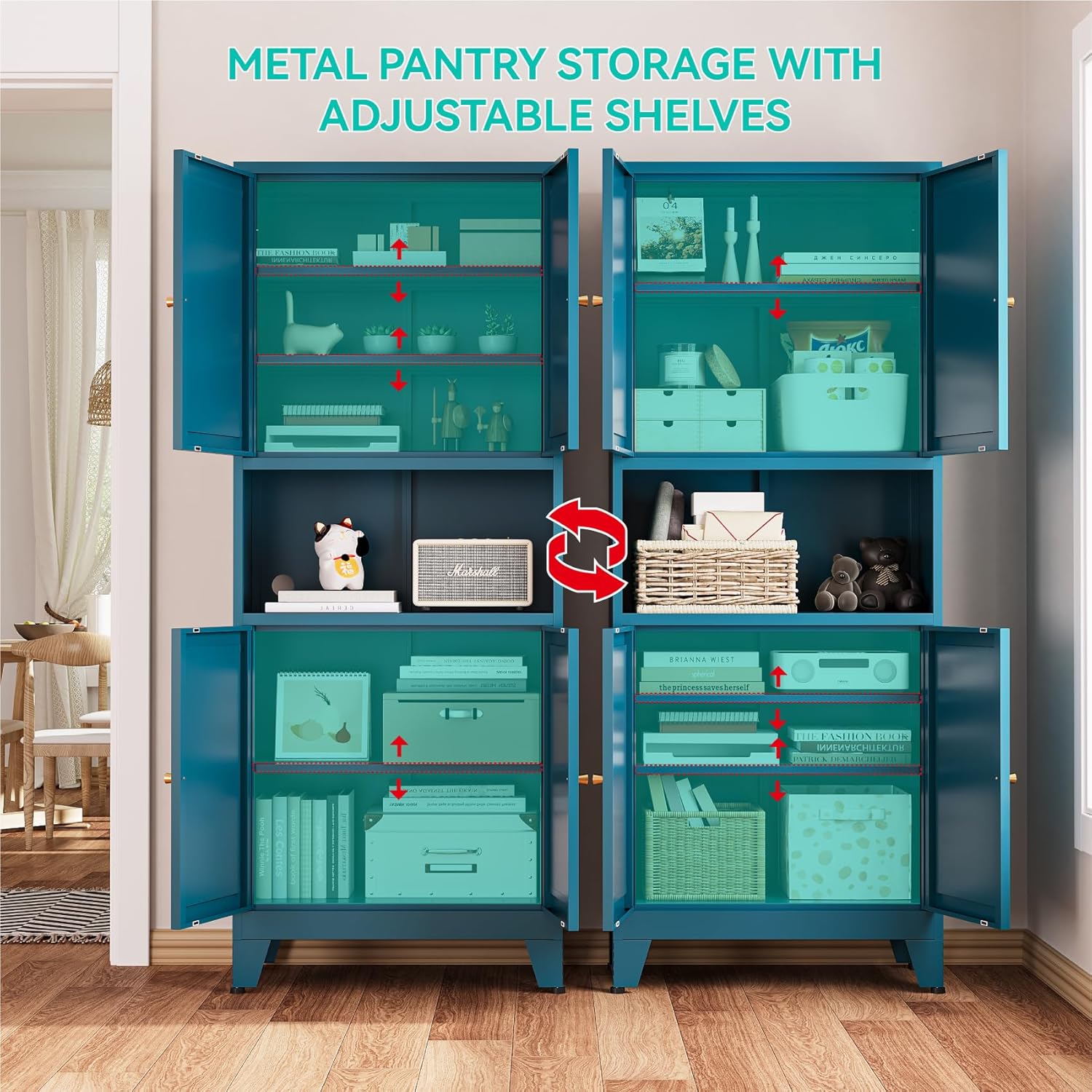 69' Tall Pantry Cabinet with Open Shelf,13.78'Deep By 28' Wide Storage Cabinet with Doors and Adjustable Shelves,Microwave Stand,for Kitchen Dining Room Living Room Bathroom,Teal Blue,1Pc