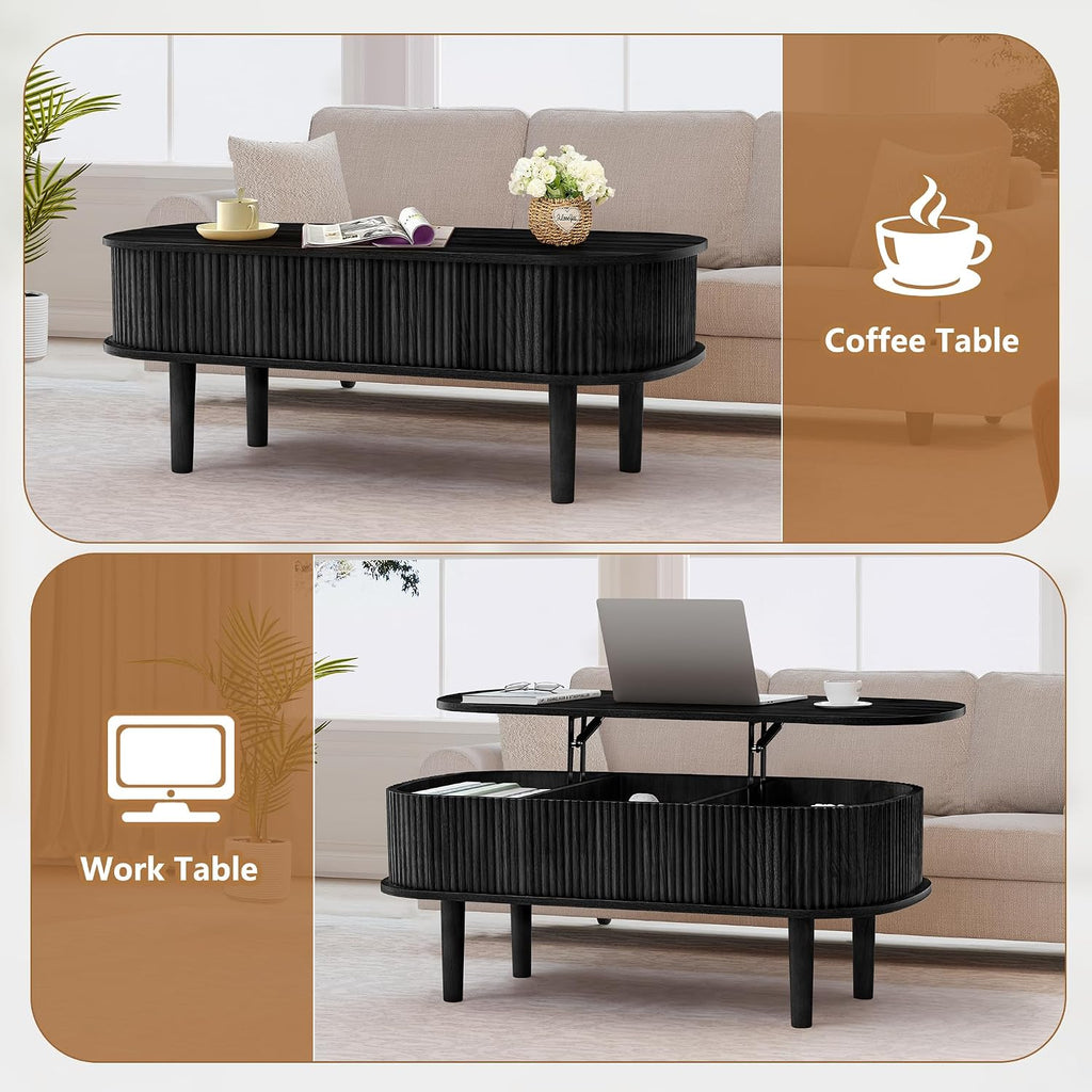 Fully Assembled Fluted Lift Top Coffee Table with Hidden Compartment, Wooden Center Table, Modern Oval Lift Tabletop for Home Living Room Office, Black